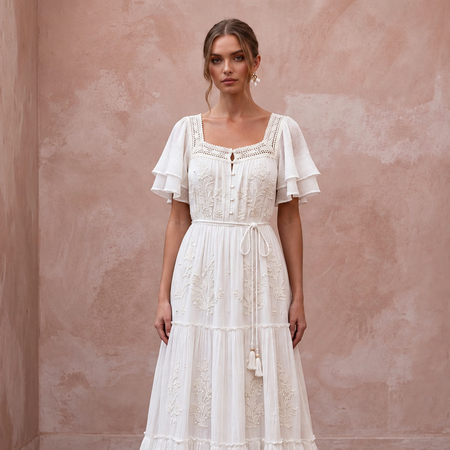 Breezy White Cotton Gauze Beach Wedding Dress for Rehearsal Dinner