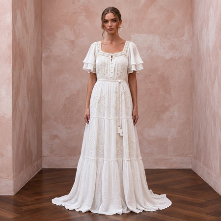 Breezy White Cotton Gauze Beach Wedding Dress for Rehearsal Dinner