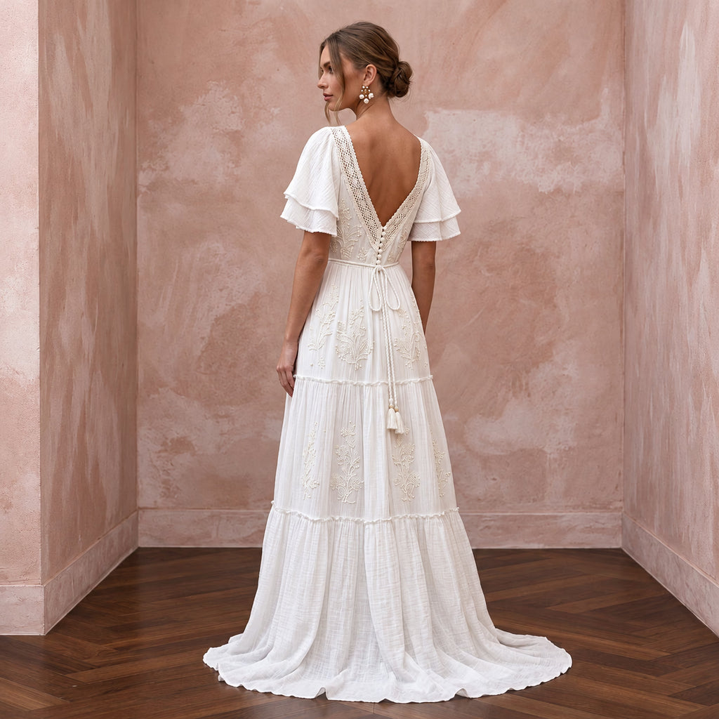 Breezy White Cotton Gauze Beach Wedding Dress for Rehearsal Dinner