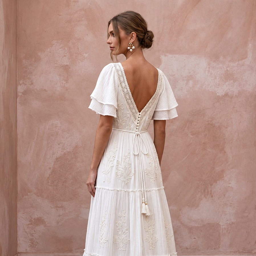 Breezy White Cotton Gauze Beach Wedding Dress for Rehearsal Dinner