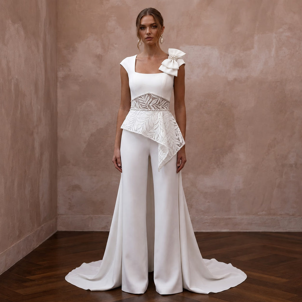 Bridal Jumpsuits with Modern Crepe Tailoring - Apparel & Accessories > Clothing > Wedding & Bridal Party Dresses > Wedding Dresses - Mignonette