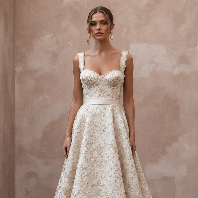 Brocade Wedding Dresses with Regal Elegance - Apparel & Accessories > Clothing > Wedding & Bridal Party Dresses > Wedding Dresses - Mignonette