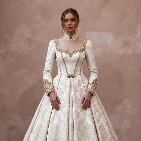 Brocade Wedding Dresses with Regal Vintage Beauty - Apparel & Accessories > Clothing > Wedding & Bridal Party Dresses > Wedding Dresses - Mignonette Bridal
