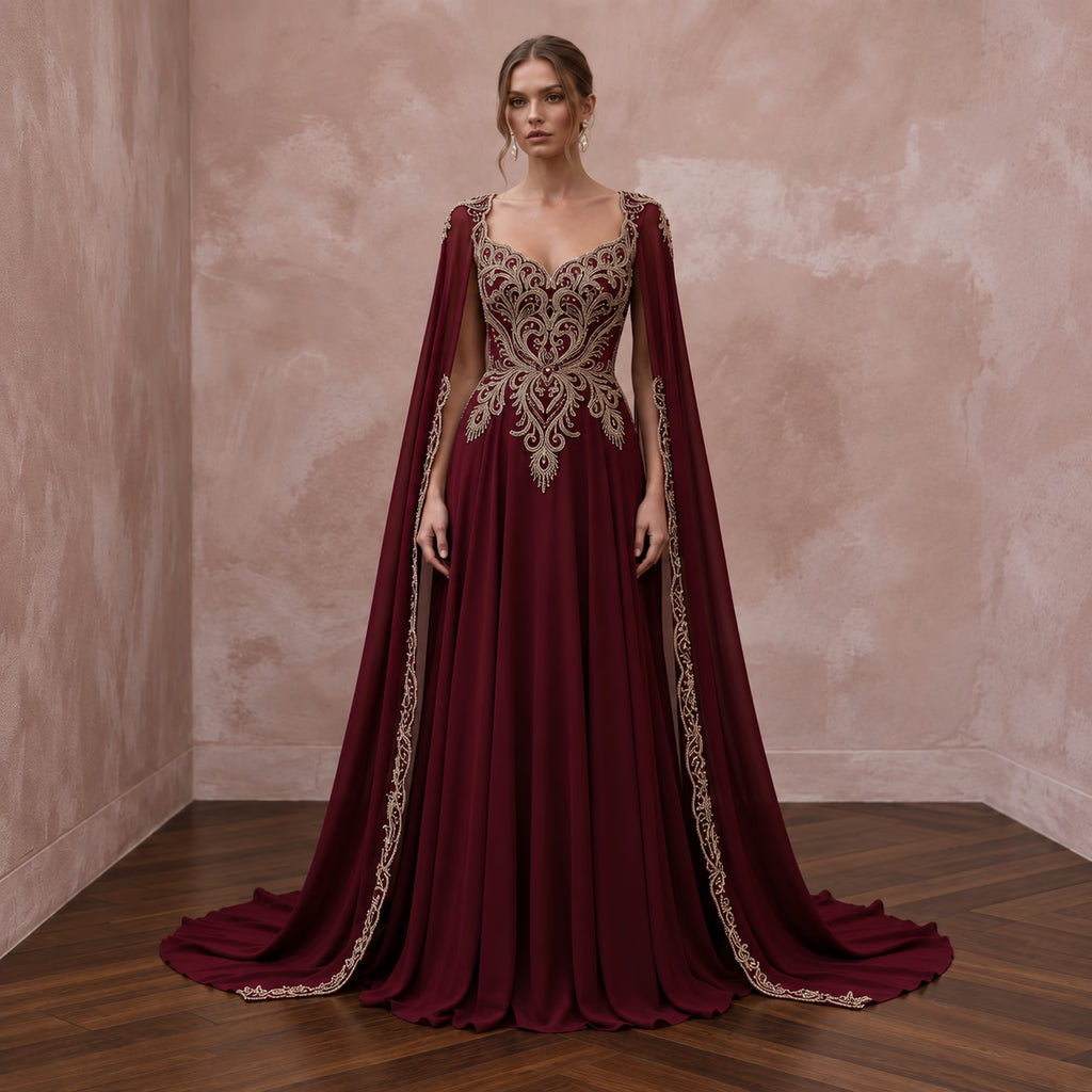 Burgundy Chiffon Cape Sleeve A-Line Evening Dress