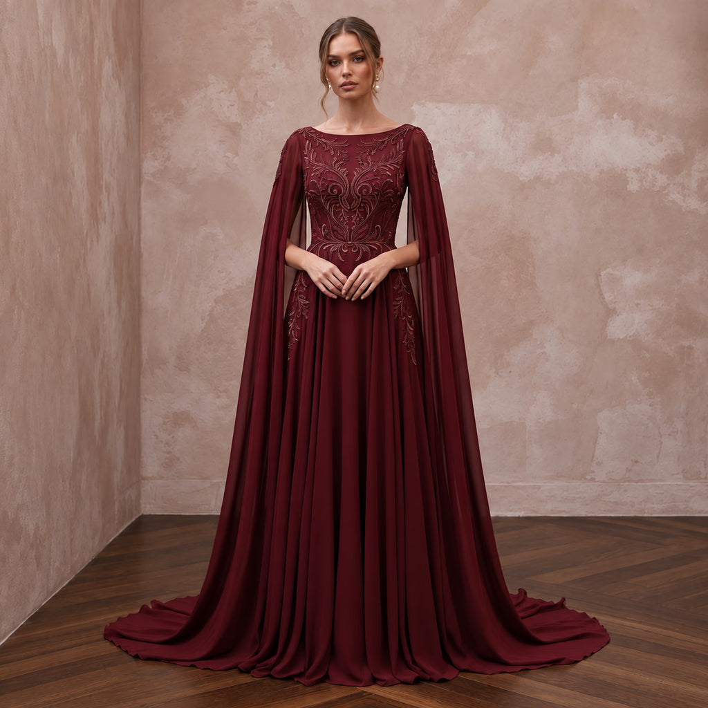 Burgundy Chiffon Cape Sleeve A - Line Evening Dress - Apparel & Accessories > Clothing > Wedding & Bridal Party Dresses > Wedding Dresses - Mignonette Bridal