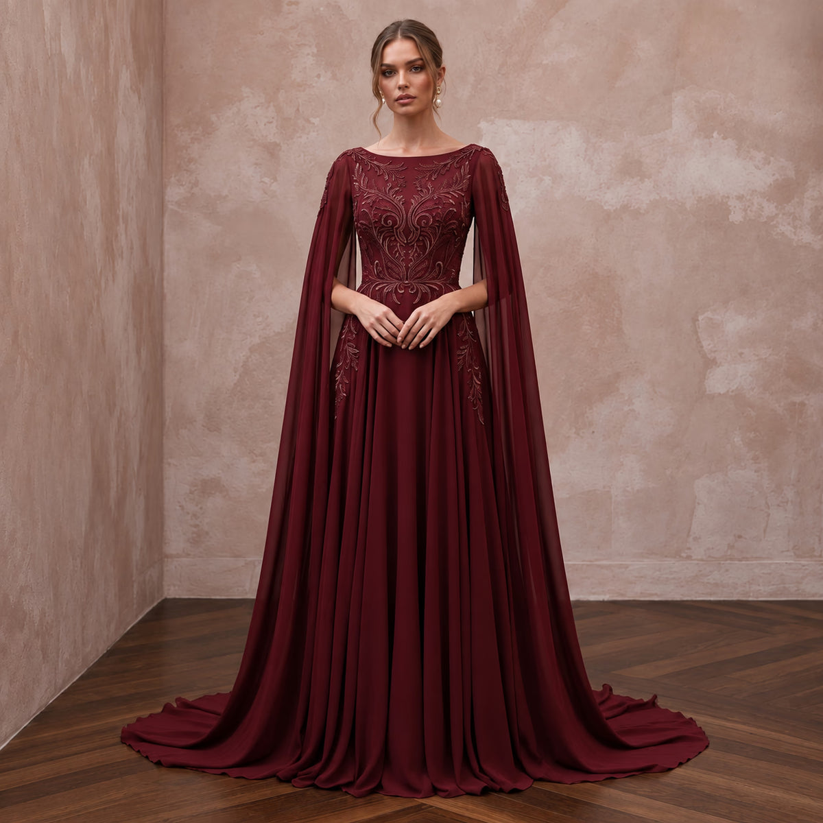 Burgundy Chiffon Cape Sleeve A - Line Evening Dress - Apparel & Accessories > Clothing > Wedding & Bridal Party Dresses > Wedding Dresses - Mignonette Bridal
