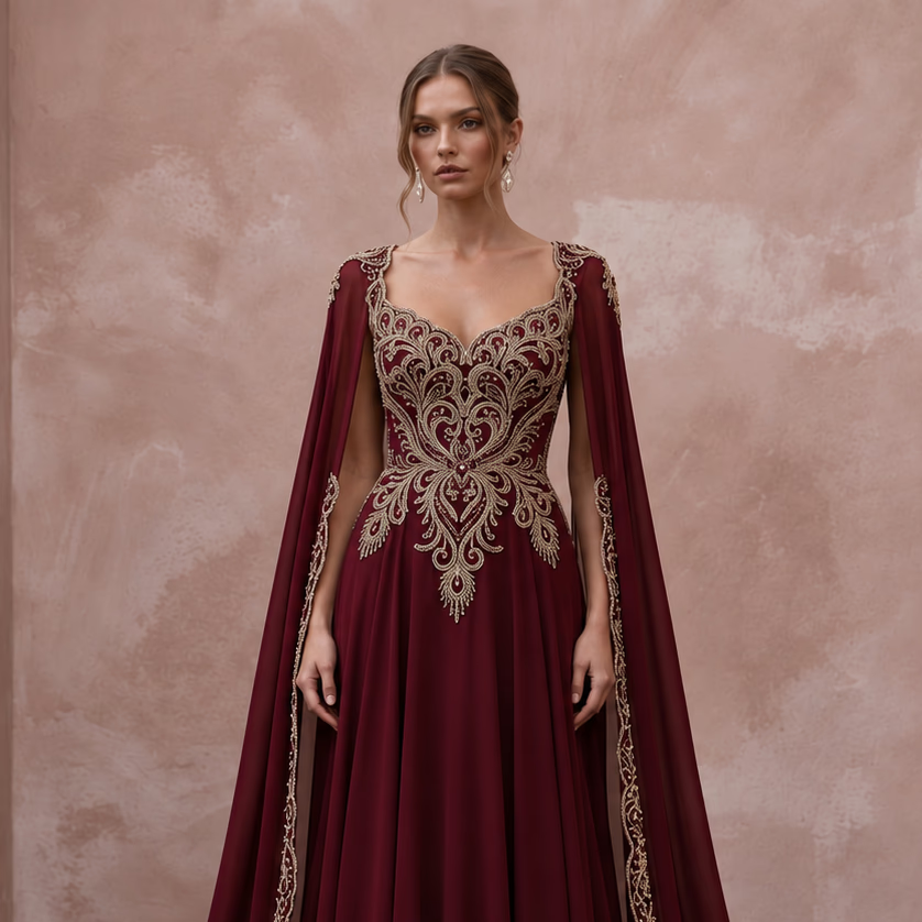 Burgundy Chiffon Cape Sleeve A-Line Evening Dress