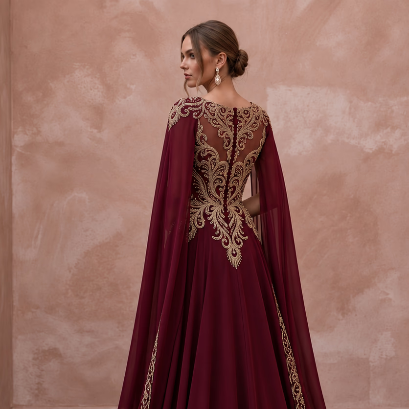 Burgundy Chiffon Cape Sleeve A-Line Evening Dress