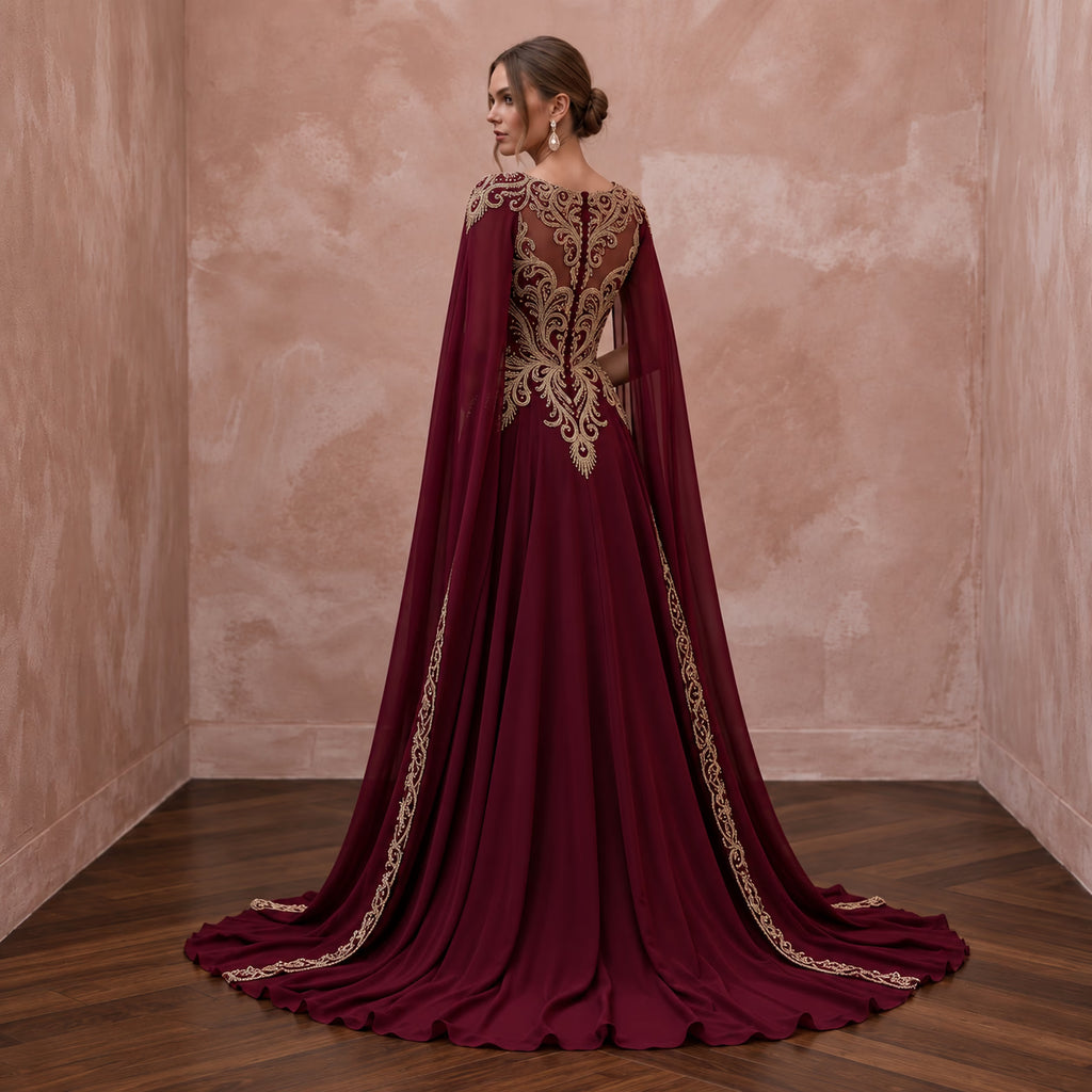 Burgundy Chiffon Cape Sleeve A-Line Evening Dress