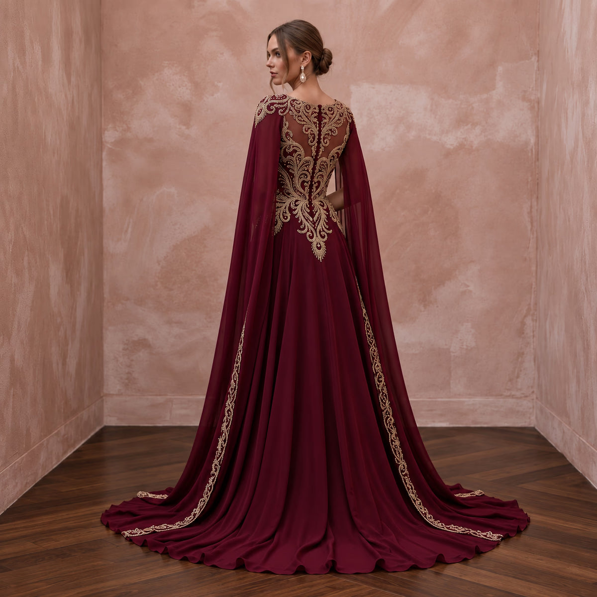 Burgundy Chiffon Cape Sleeve A-Line Evening Dress