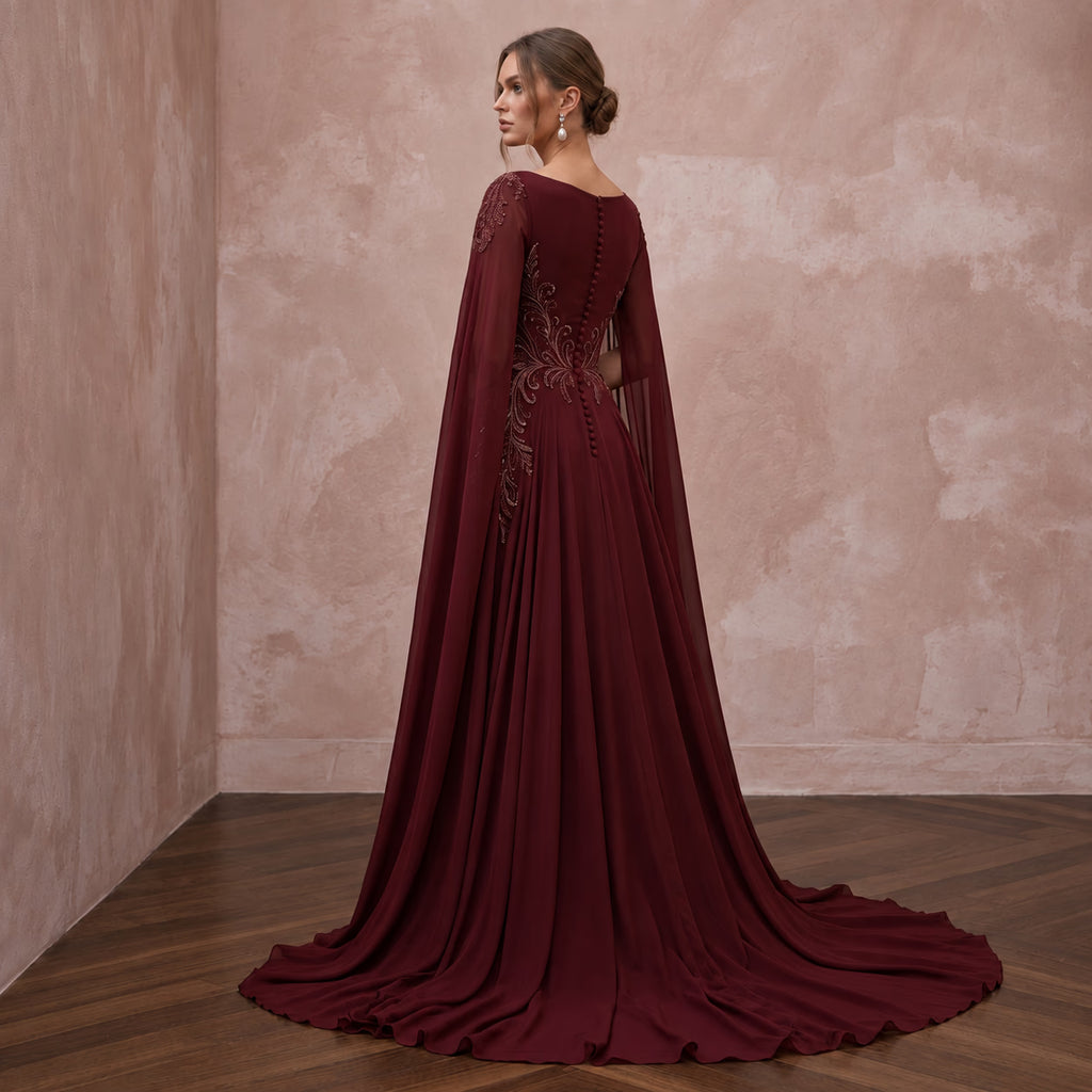 Burgundy Chiffon Cape Sleeve A - Line Evening Dress - Apparel & Accessories > Clothing > Wedding & Bridal Party Dresses > Wedding Dresses - Mignonette Bridal