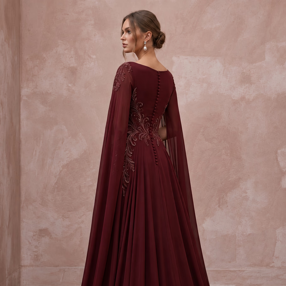 Burgundy Chiffon Cape Sleeve A - Line Evening Dress - Apparel & Accessories > Clothing > Wedding & Bridal Party Dresses > Wedding Dresses - Mignonette Bridal