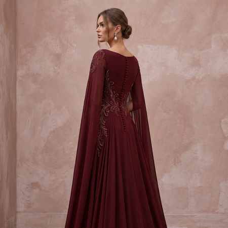 Burgundy Chiffon Cape Sleeve A - Line Evening Dress - Apparel & Accessories > Clothing > Wedding & Bridal Party Dresses > Wedding Dresses - Mignonette Bridal
