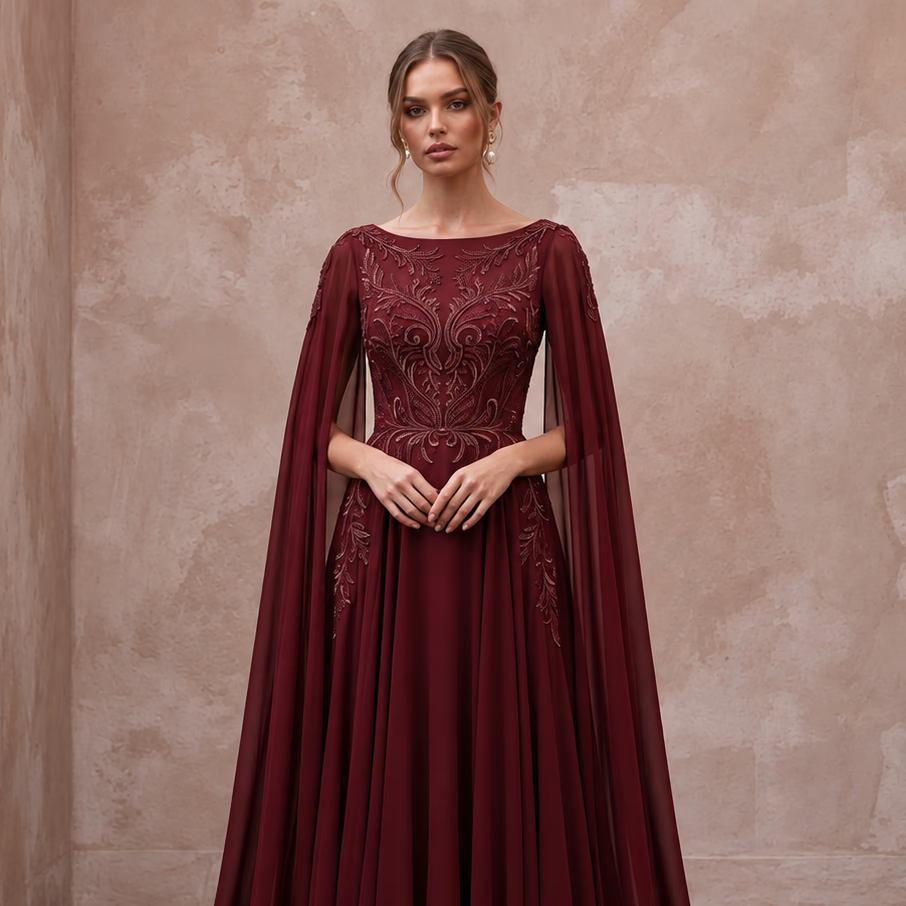 Burgundy Chiffon Cape Sleeve A - Line Evening Dress - Apparel & Accessories > Clothing > Wedding & Bridal Party Dresses > Wedding Dresses - Mignonette Bridal