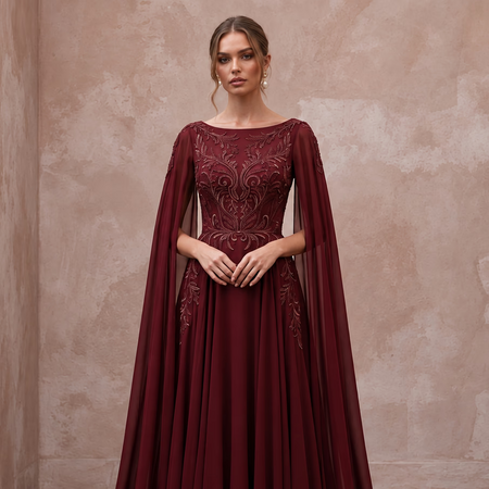 Burgundy Chiffon Cape Sleeve A - Line Evening Dress - Apparel & Accessories > Clothing > Wedding & Bridal Party Dresses > Wedding Dresses - Mignonette Bridal