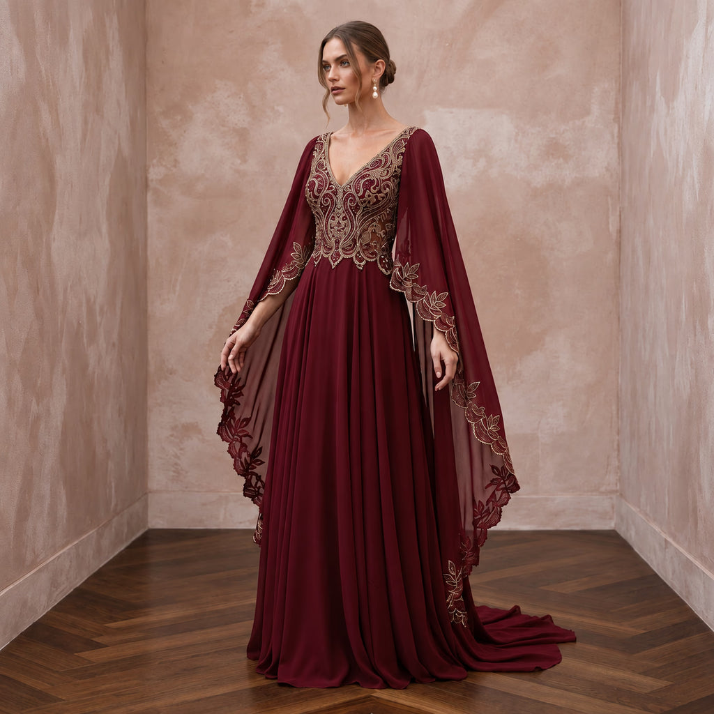 Burgundy Chiffon Cape Sleeve A-Line Evening Dress for Fall Gala