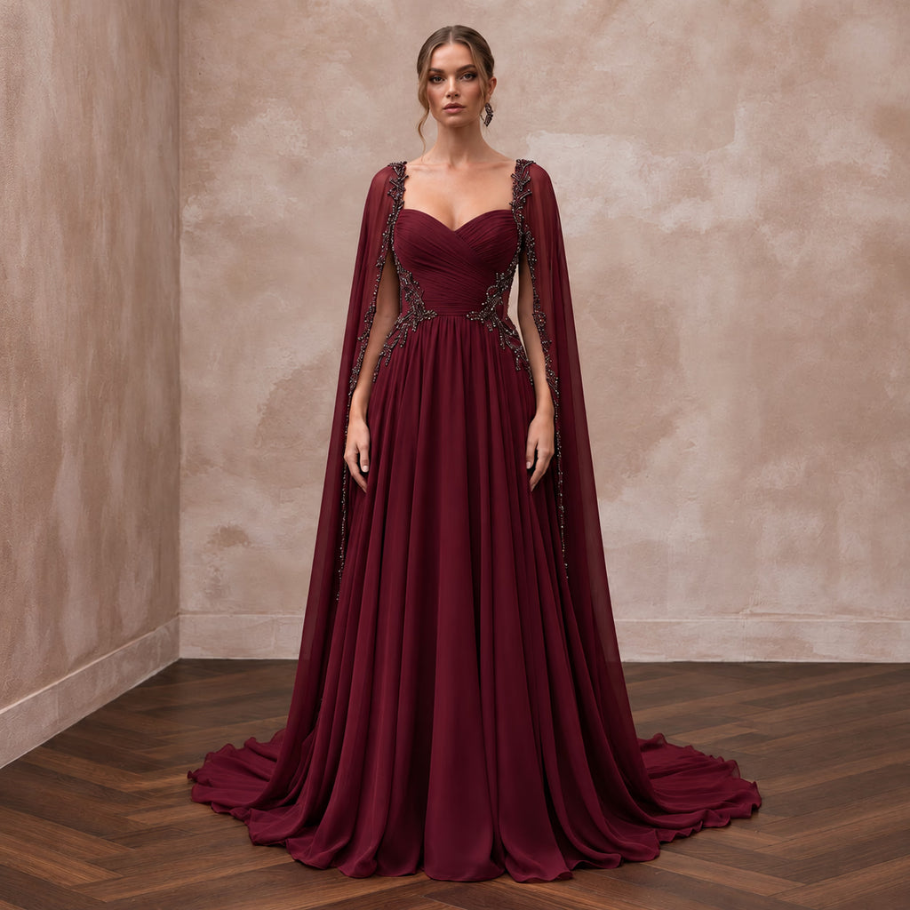 Burgundy Chiffon Cape Sleeve A-Line Evening Dress for Fall Gala
