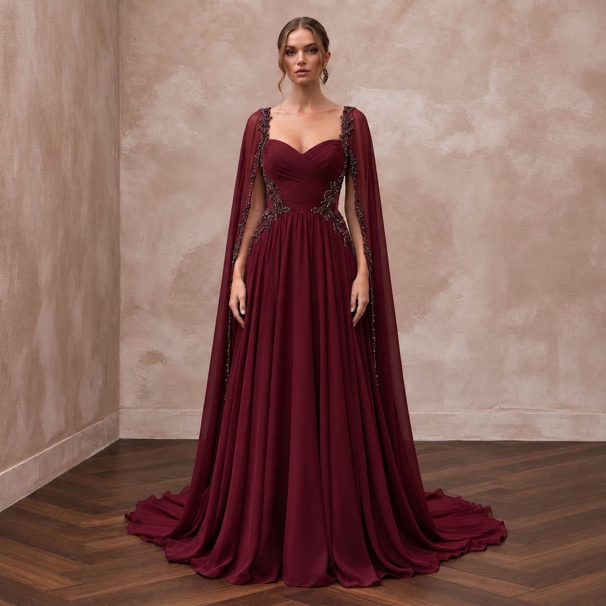 Burgundy Chiffon Cape Sleeve A-Line Evening Dress for Fall Gala
