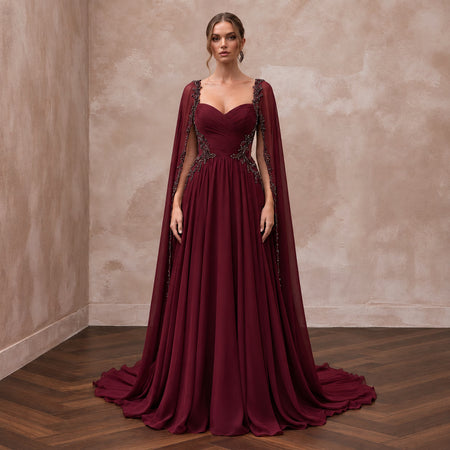 Burgundy Chiffon Cape Sleeve A-Line Evening Dress for Fall Gala