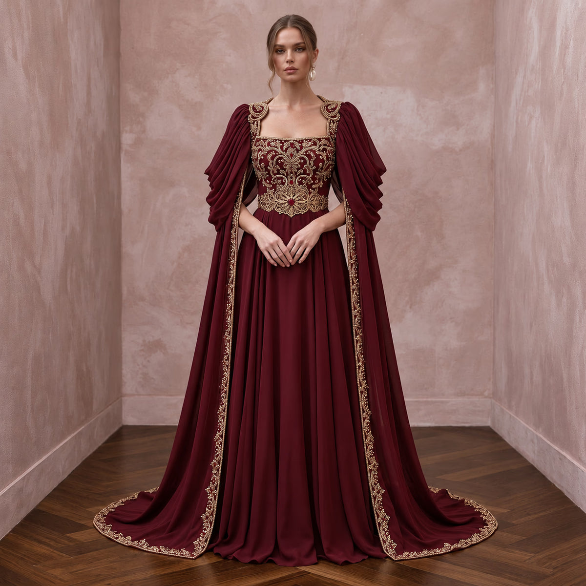 Burgundy Chiffon Cape Sleeve A-Line Evening Dress for Fall Gala