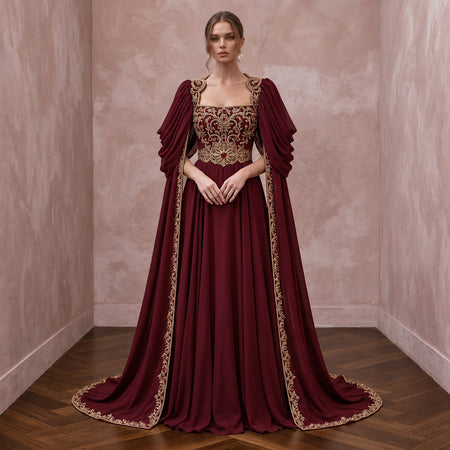 Burgundy Chiffon Cape Sleeve A-Line Evening Dress for Fall Gala