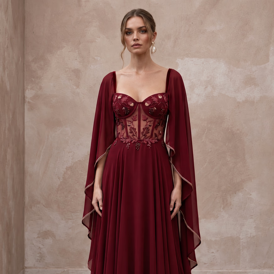 Burgundy Chiffon Cape Sleeve A - Line Evening Dress for Fall Gala - Apparel & Accessories > Clothing > Wedding & Bridal Party Dresses > Wedding Dresses - Mignonette Bridal