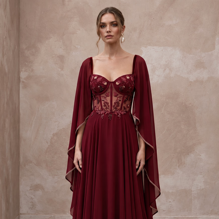 Burgundy Chiffon Cape Sleeve A - Line Evening Dress for Fall Gala - Apparel & Accessories > Clothing > Wedding & Bridal Party Dresses > Wedding Dresses - Mignonette Bridal