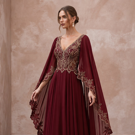 Burgundy Chiffon Cape Sleeve A-Line Evening Dress for Fall Gala