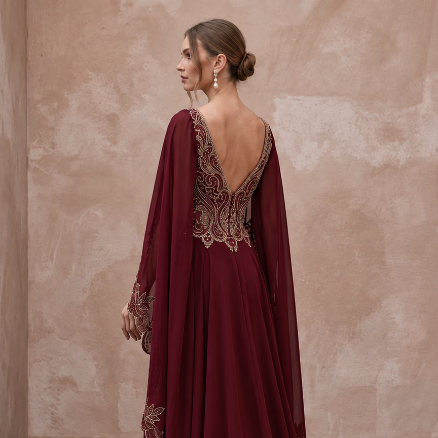Burgundy Chiffon Cape Sleeve A-Line Evening Dress for Fall Gala