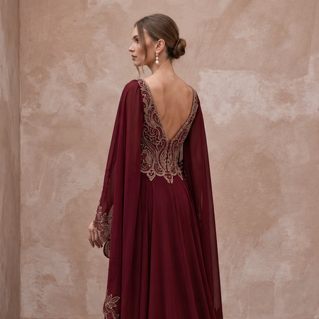 Burgundy Chiffon Cape Sleeve A-Line Evening Dress for Fall Gala