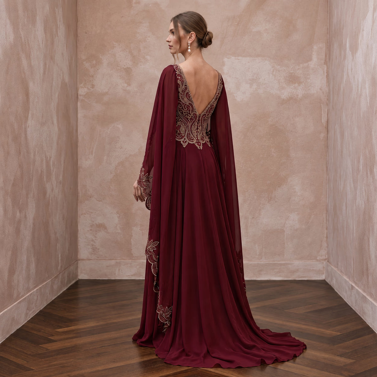 Burgundy Chiffon Cape Sleeve A-Line Evening Dress for Fall Gala