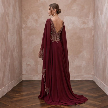 Burgundy Chiffon Cape Sleeve A-Line Evening Dress for Fall Gala