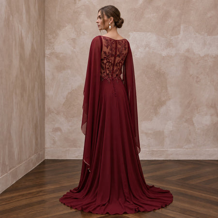 Burgundy Chiffon Cape Sleeve A - Line Evening Dress for Fall Gala - Apparel & Accessories > Clothing > Wedding & Bridal Party Dresses > Wedding Dresses - Mignonette Bridal