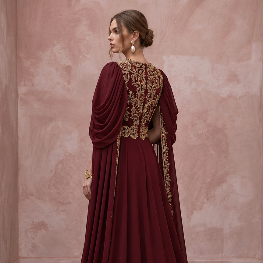 Burgundy Chiffon Cape Sleeve A-Line Evening Dress for Fall Gala