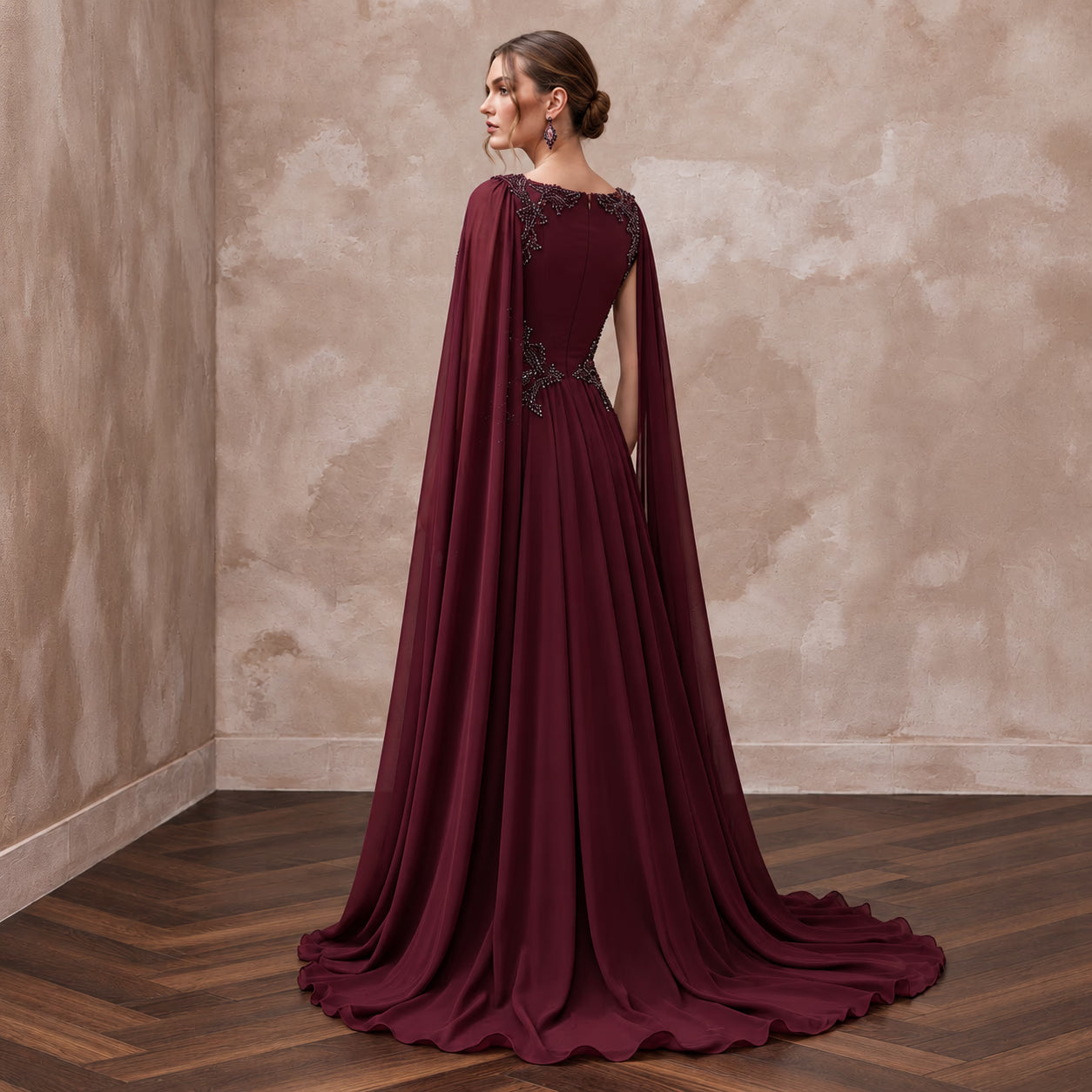 Burgundy Chiffon Cape Sleeve A-Line Evening Dress for Fall Gala Secondary image