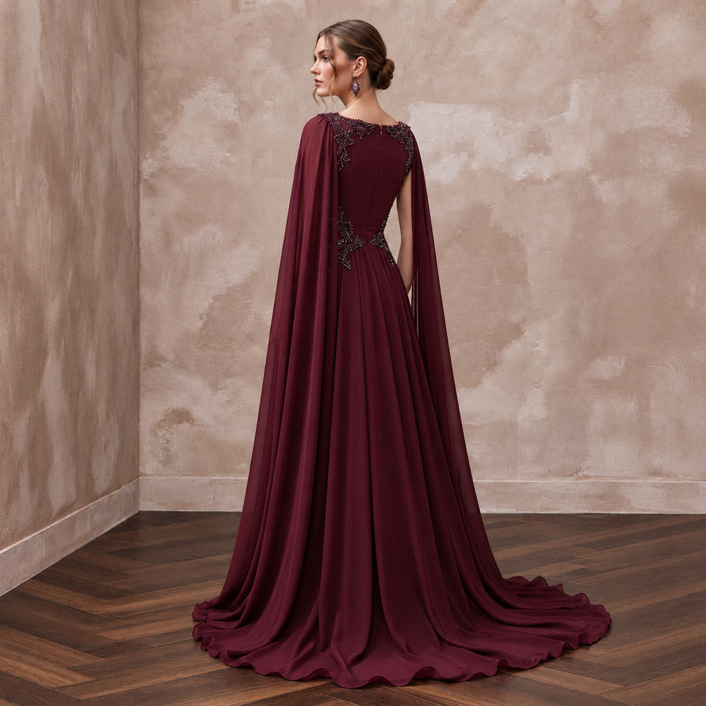 Burgundy Chiffon Cape Sleeve A-Line Evening Dress for Fall Gala