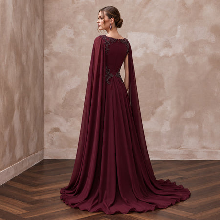 Burgundy Chiffon Cape Sleeve A-Line Evening Dress for Fall Gala