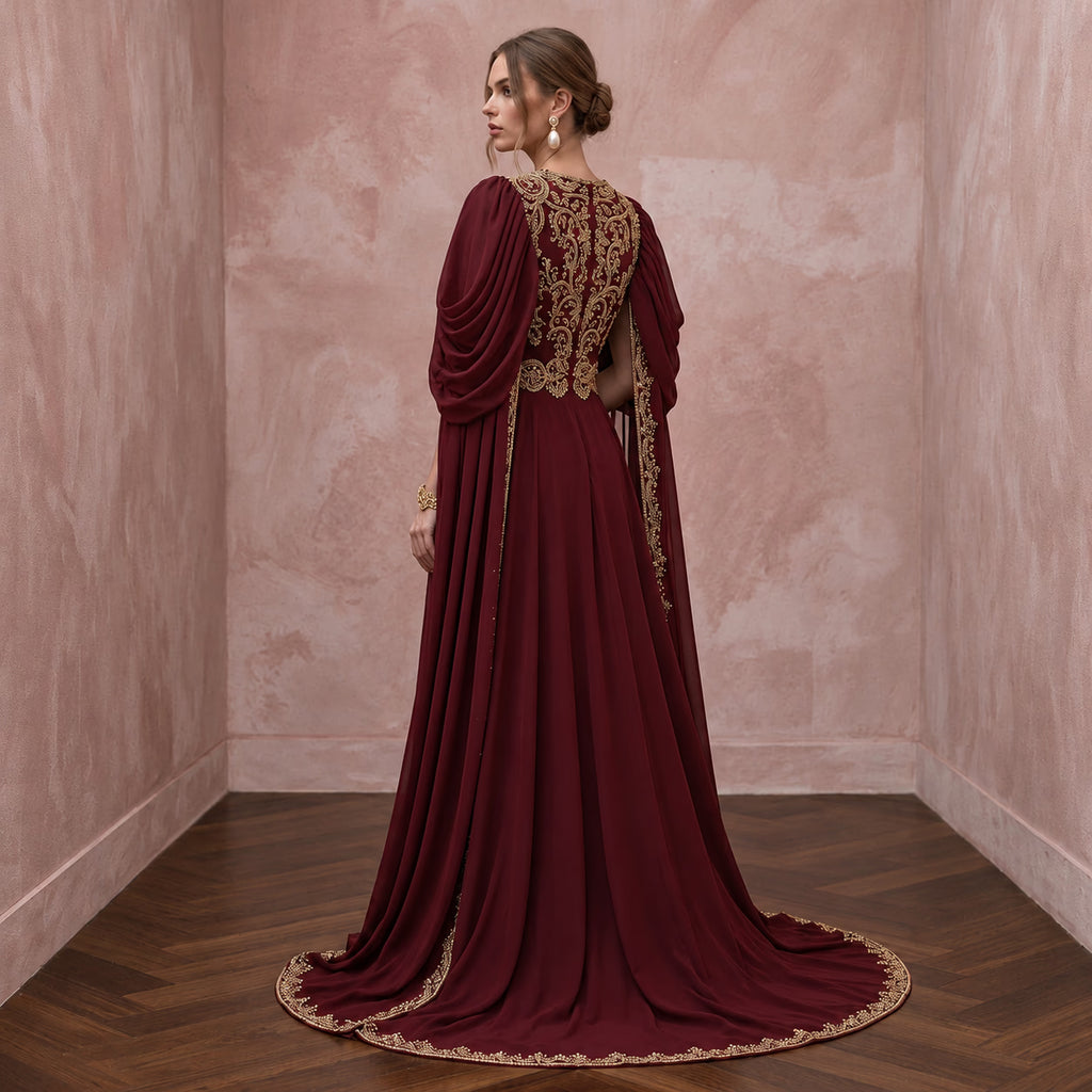Burgundy Chiffon Cape Sleeve A-Line Evening Dress for Fall Gala