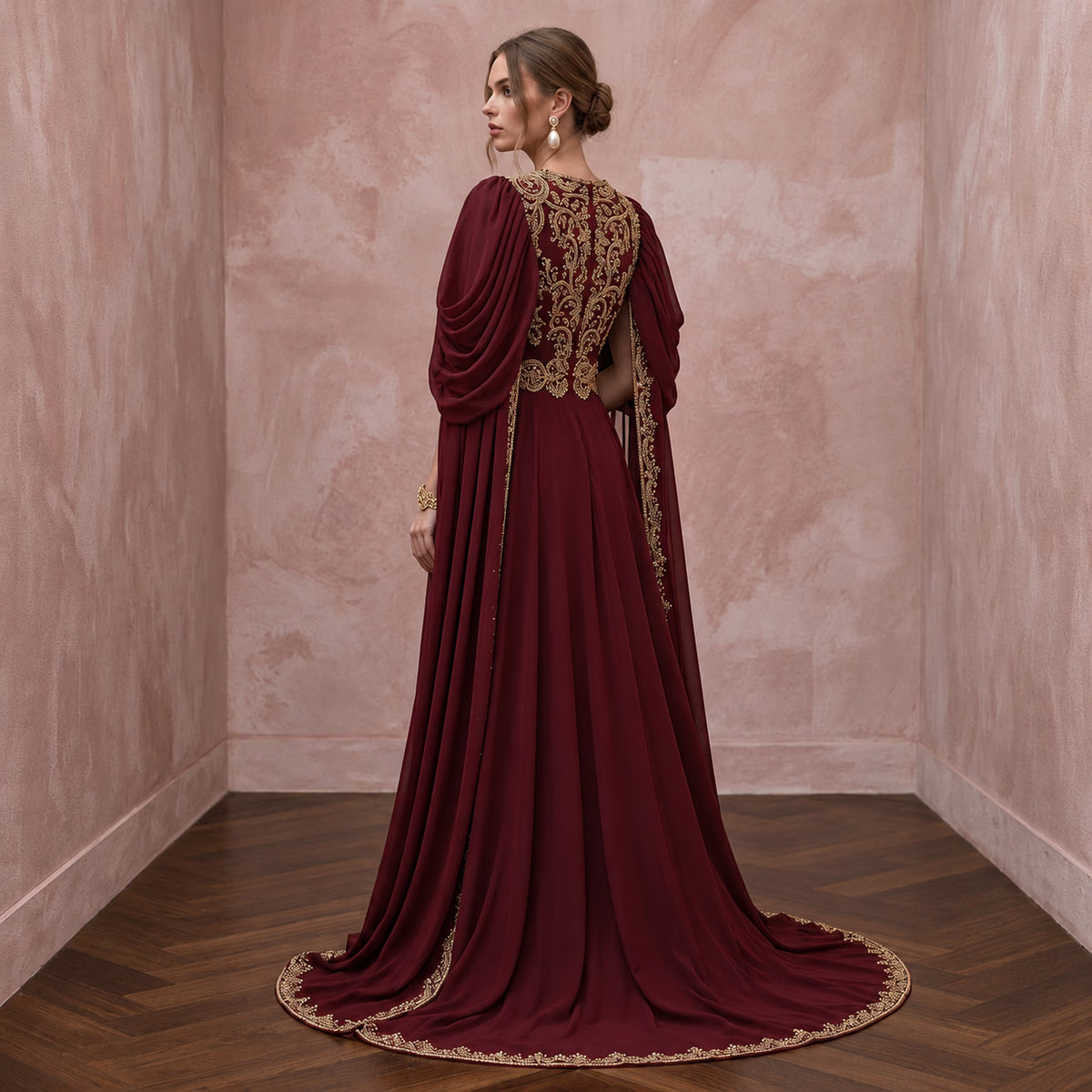 Burgundy Chiffon Cape Sleeve A-Line Evening Dress for Fall Gala