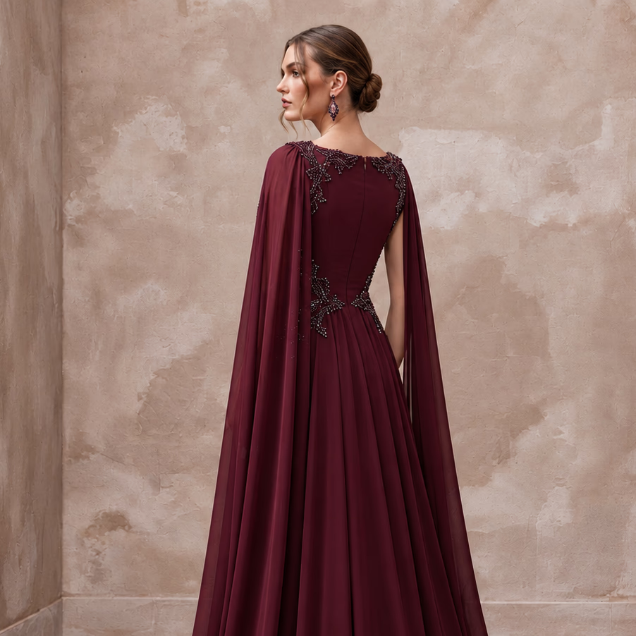 Burgundy Chiffon Cape Sleeve A-Line Evening Dress for Fall Gala