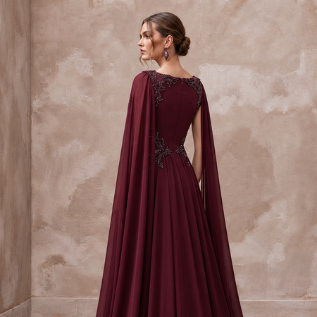 Burgundy Chiffon Cape Sleeve A-Line Evening Dress for Fall Gala