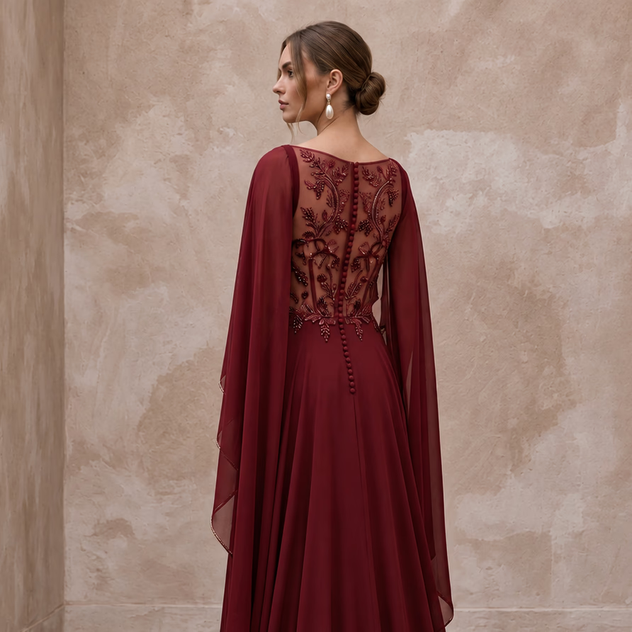 Burgundy Chiffon Cape Sleeve A - Line Evening Dress for Fall Gala - Apparel & Accessories > Clothing > Wedding & Bridal Party Dresses > Wedding Dresses - Mignonette Bridal