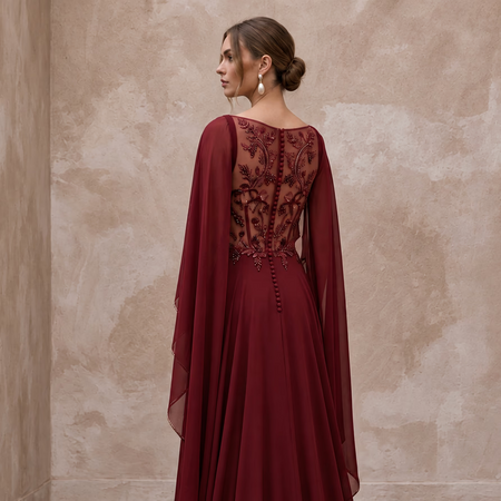 Burgundy Chiffon Cape Sleeve A - Line Evening Dress for Fall Gala - Apparel & Accessories > Clothing > Wedding & Bridal Party Dresses > Wedding Dresses - Mignonette Bridal