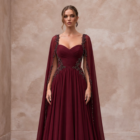 Burgundy Chiffon Cape Sleeve A-Line Evening Dress for Fall Gala