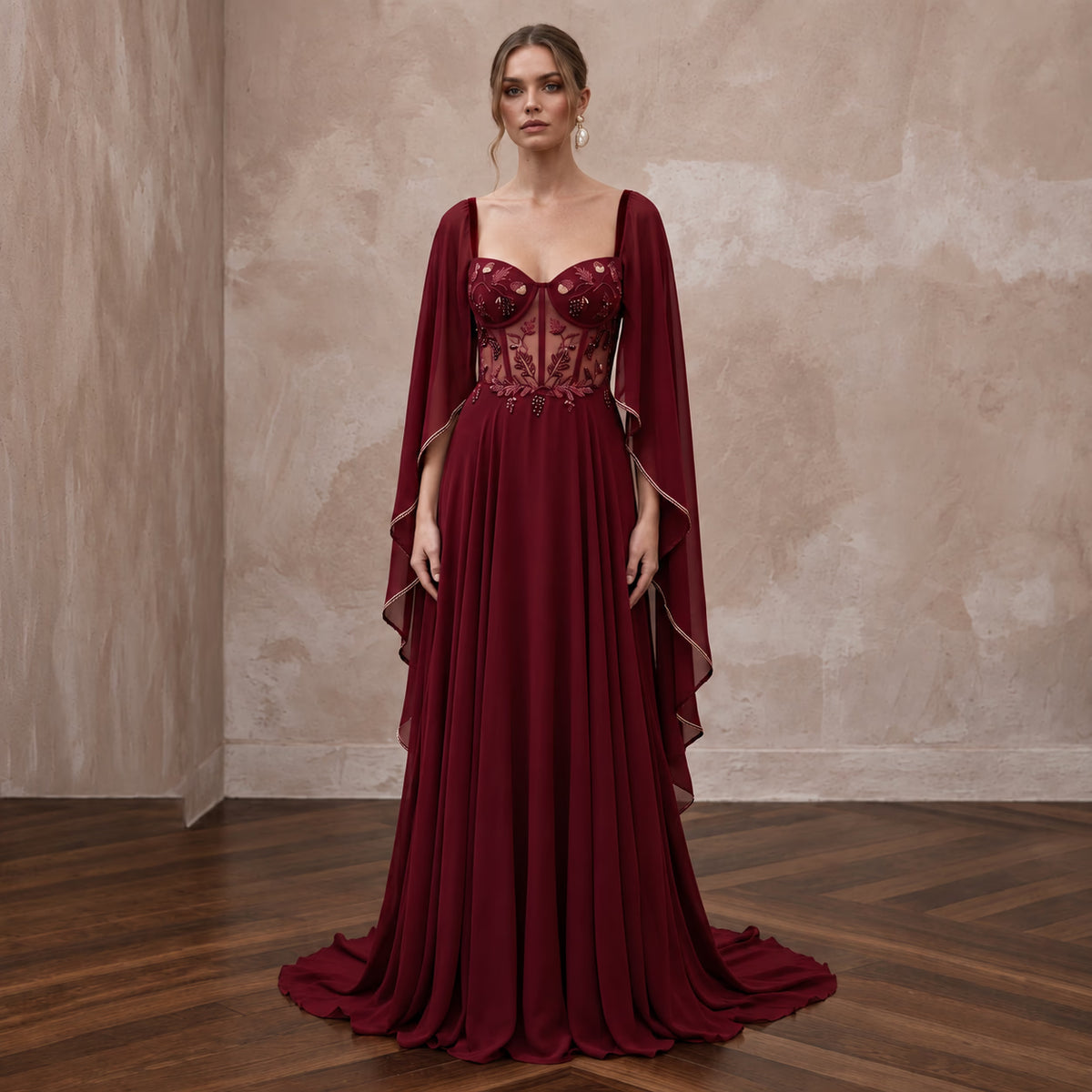 Burgundy Chiffon Cape Sleeve A - Line Evening Dress for Fall Gala - Apparel & Accessories > Clothing > Wedding & Bridal Party Dresses > Wedding Dresses - Mignonette Bridal