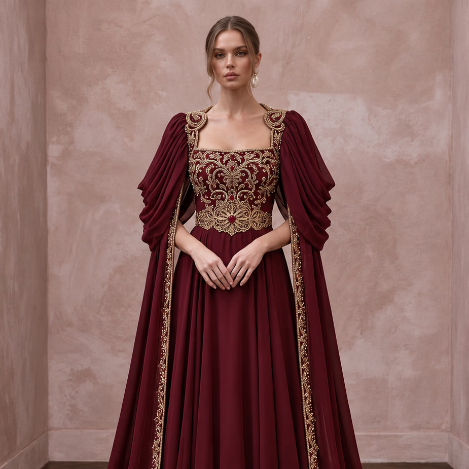 Burgundy Chiffon Cape Sleeve A-Line Evening Dress for Fall Gala