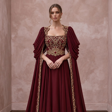 Burgundy Chiffon Cape Sleeve A-Line Evening Dress for Fall Gala