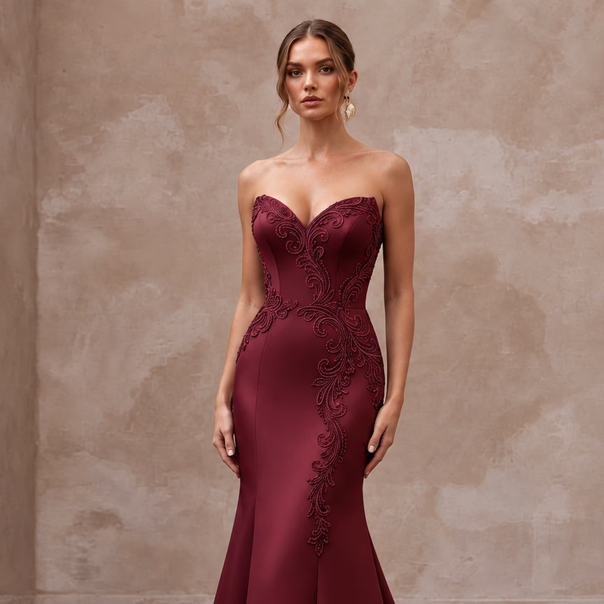 Burgundy Heavy Matte Satin Sweetheart Neckline Mermaid Formal Gown