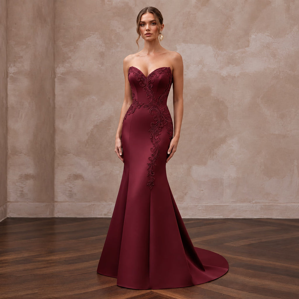 Burgundy Heavy Matte Satin Sweetheart Neckline Mermaid Formal Gown