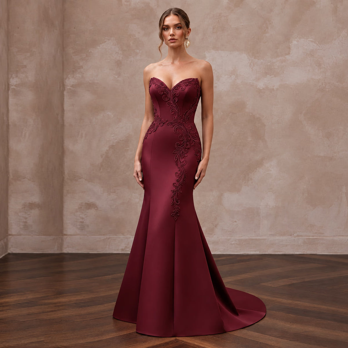 Burgundy Heavy Matte Satin Sweetheart Neckline Mermaid Formal Gown
